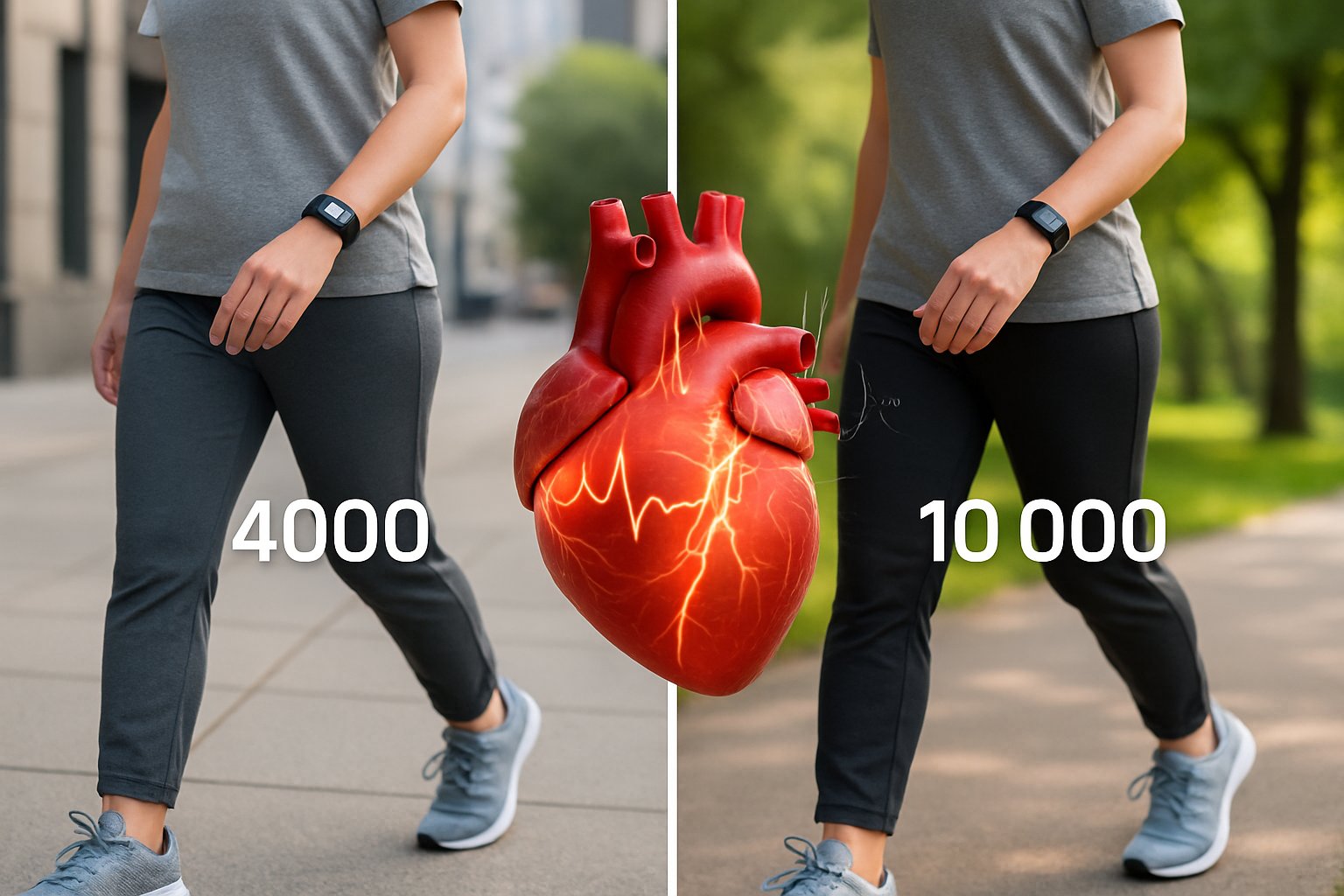 walking everyday - Preventive Medicine Daily A split scene showing a person walking on a city sidewalk with a fitness tracker displaying 4,000 steps on one side, and the same person walking in a park with a fitness tracker showing 10,000 steps on the other side, with a detailed 3D heart model in the center.