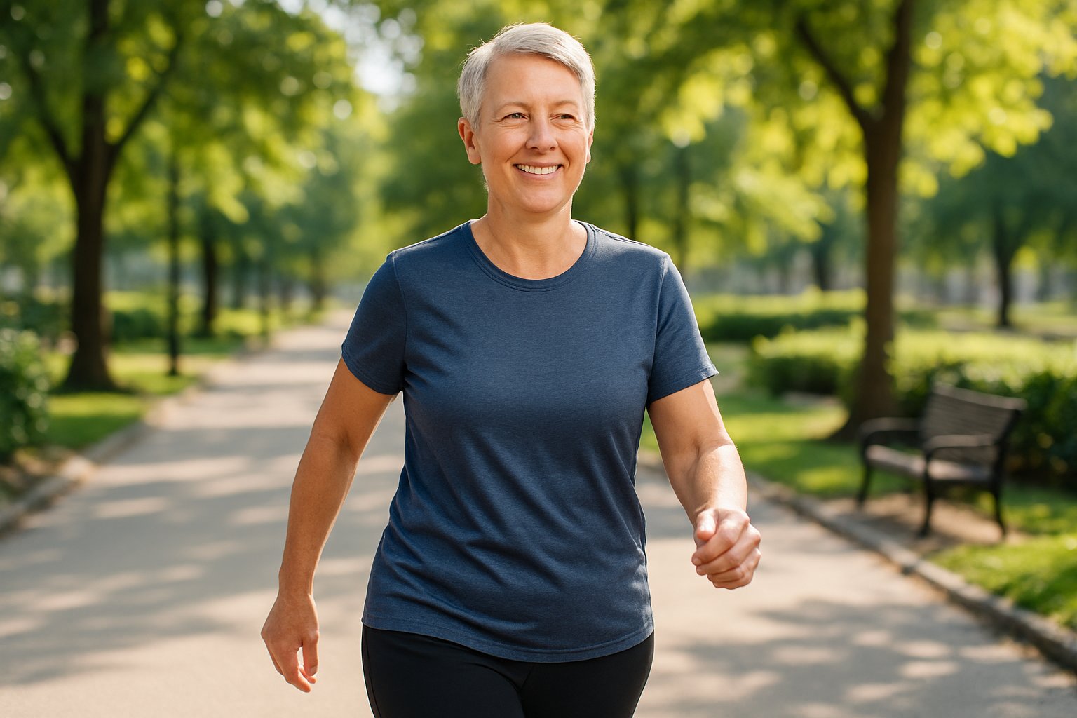 v2-12q0cl-f6tcd - Preventive Medicine Daily A middle-aged person walking on a sunny park path surrounded by trees and greenery.