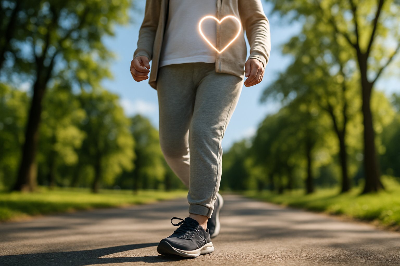 v2-12q0dd-bc14q - Preventive Medicine Daily A person walking on a paved path in a park wearing athletic shoes, with trees and sunlight in the background.