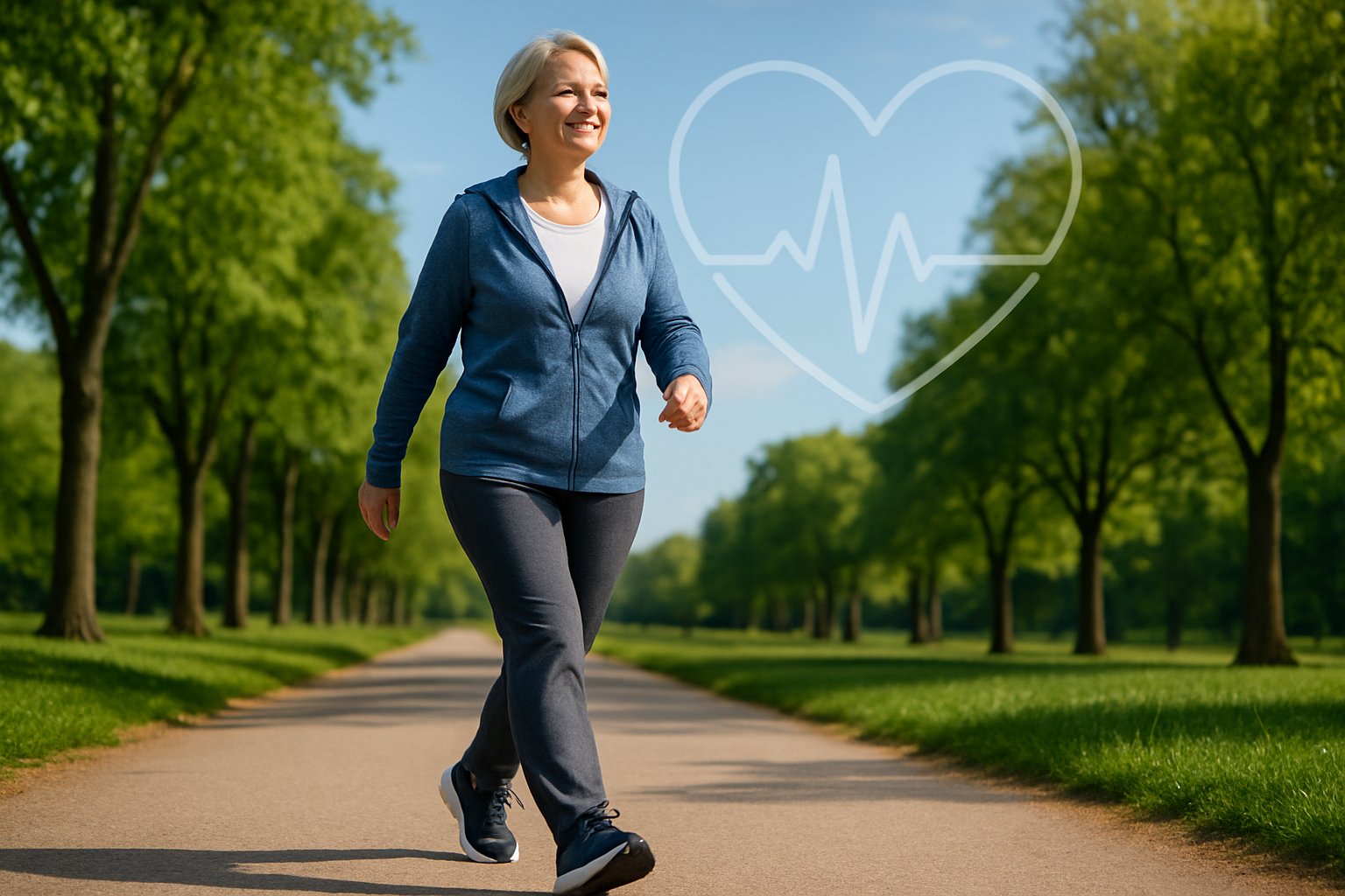v2-12q0e9-21k6n - Preventive Medicine Daily A middle-aged person walking on a sunny park path surrounded by trees, appearing healthy and energetic.
