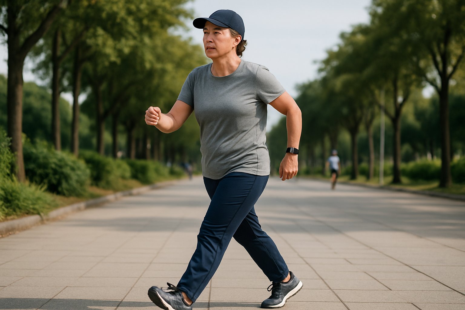 v2-12q0f0-dv6tb - Preventive Medicine Daily A middle-aged person walking briskly on a tree-lined urban path wearing athletic clothing and a fitness tracker.