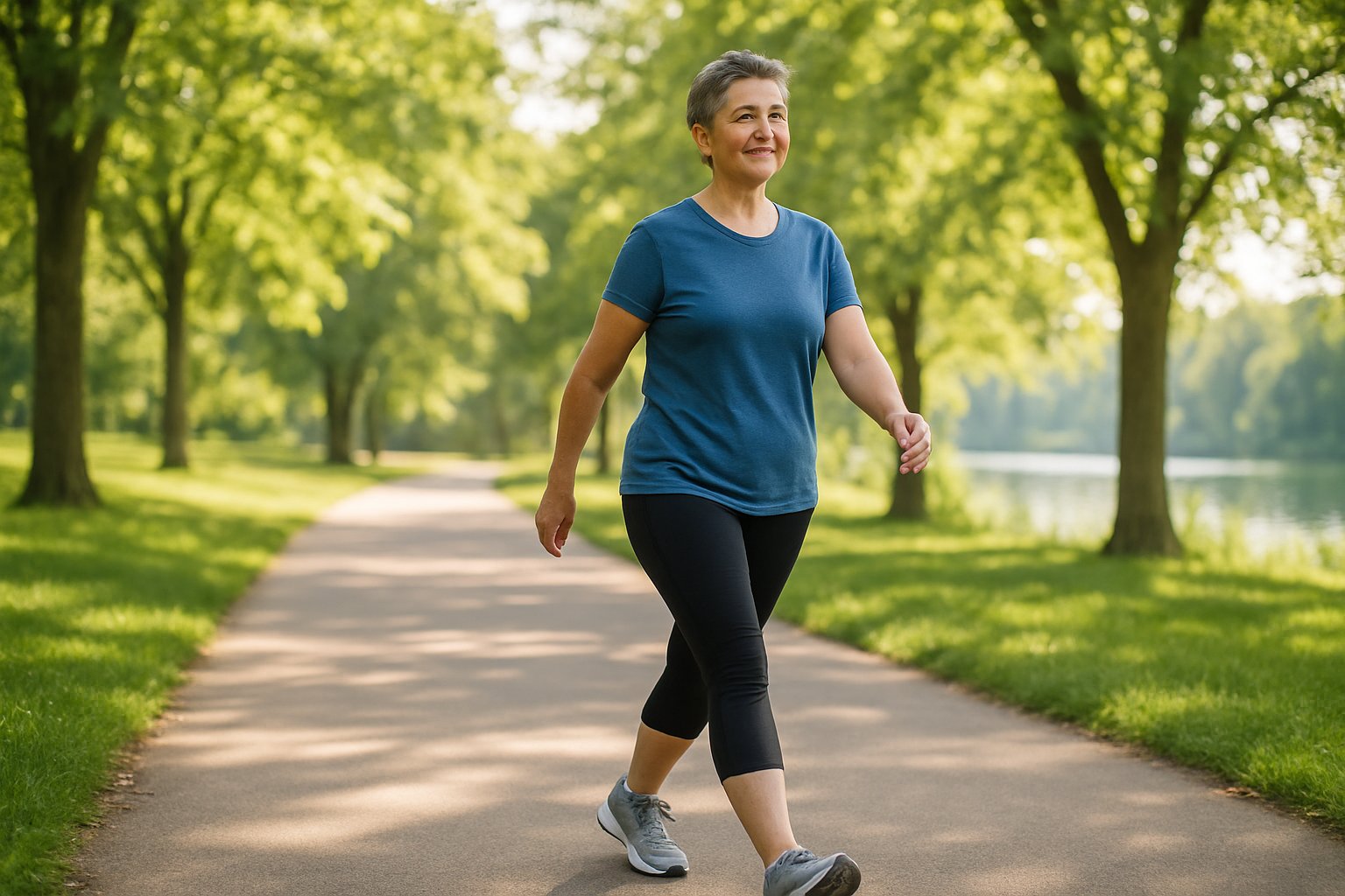 v2-12q0fq-t6b9n - Preventive Medicine Daily A middle-aged person walking on a paved path in a green park on a sunny day.