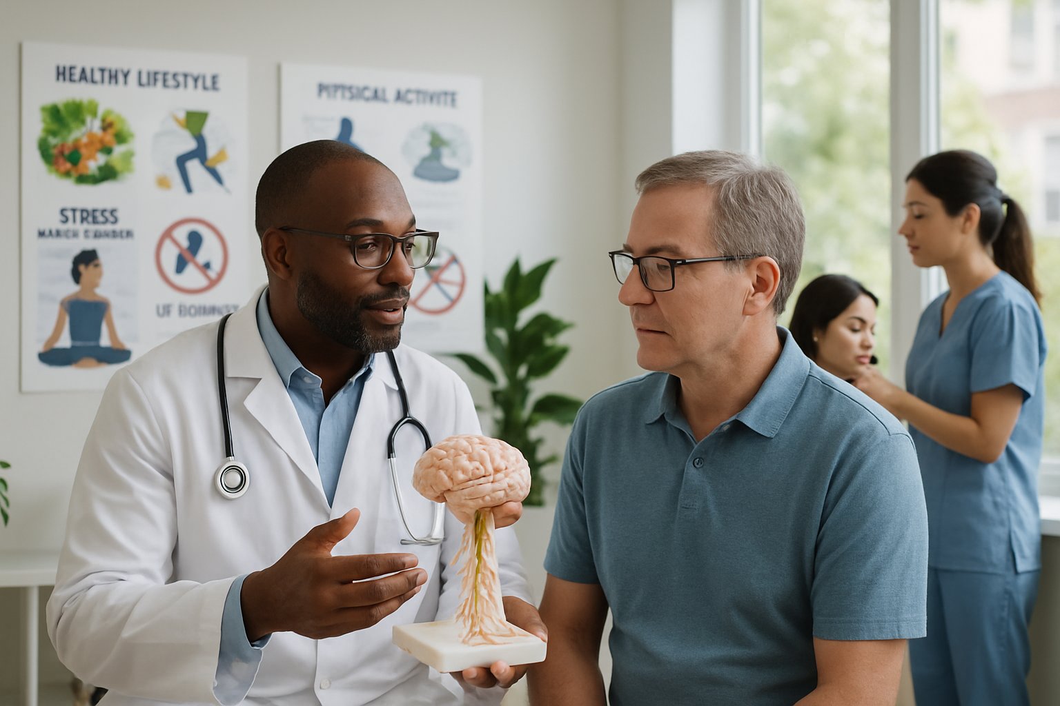 prevention of neurological diseases - Preventive Medicine Daily A neurologist explains brain health to a patient using a brain model in a bright medical clinic where a nurse prepares a vaccination nearby.
