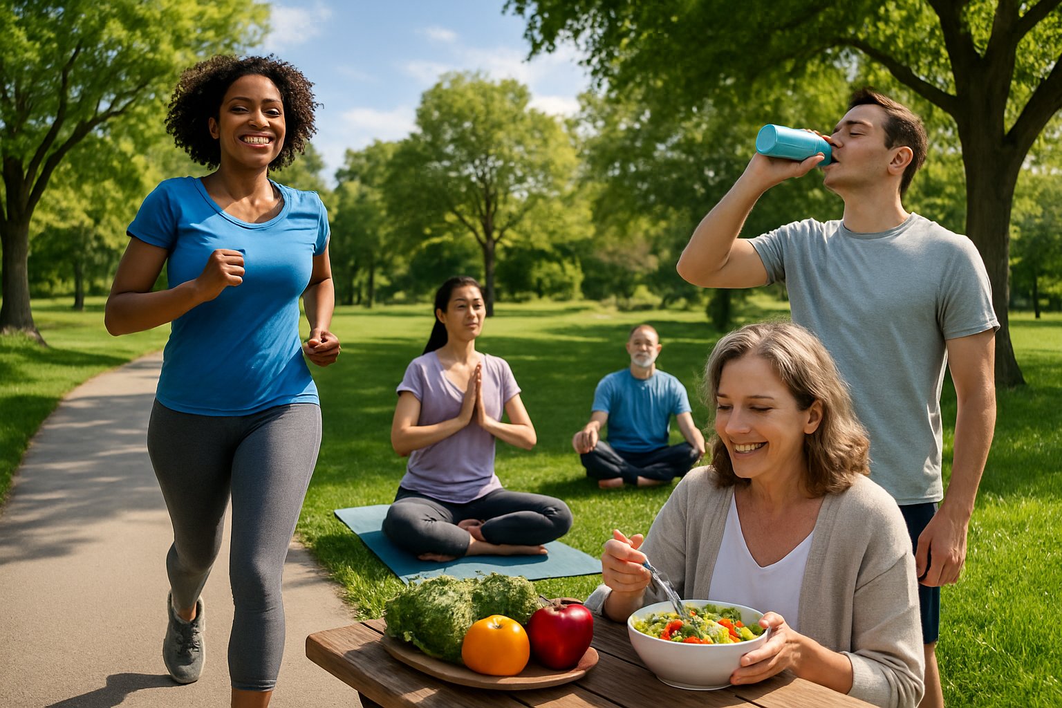 v2-12q5ux-8yyta - Preventive Medicine Daily People exercising, meditating, and eating healthy foods outdoors in a park to promote nervous system health.