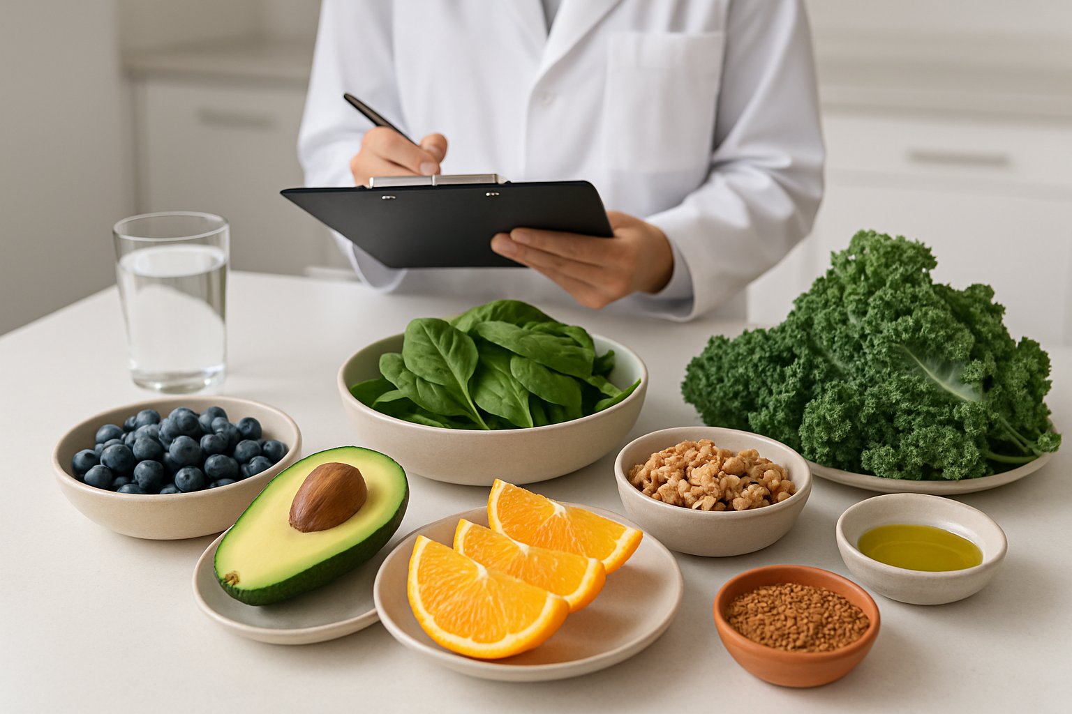 v2-12q5vo-nsahh - Preventive Medicine Daily A kitchen table with fresh fruits, vegetables, nuts, and grains arranged alongside a person in a white lab coat holding a clipboard.