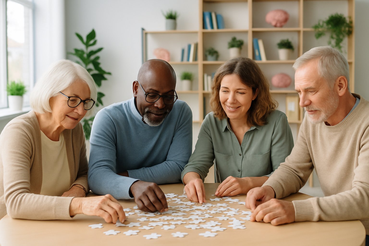 v2-12q5wj-sm4pm - Preventive Medicine Daily A group of diverse adults working together on a puzzle around a table in a bright community center, symbolizing cognitive and social engagement for brain health.