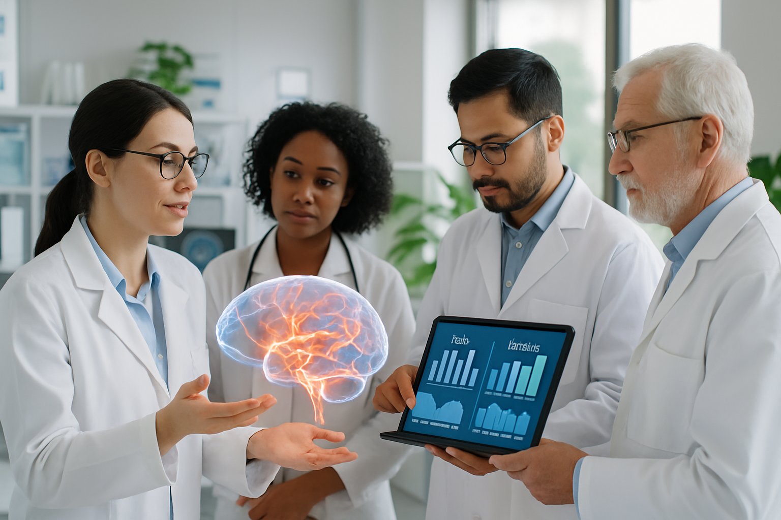 v2-12q5xf-nf5nh - Preventive Medicine Daily Healthcare professionals in a modern lab examining a 3D brain model and environmental data to prevent nervous system diseases.