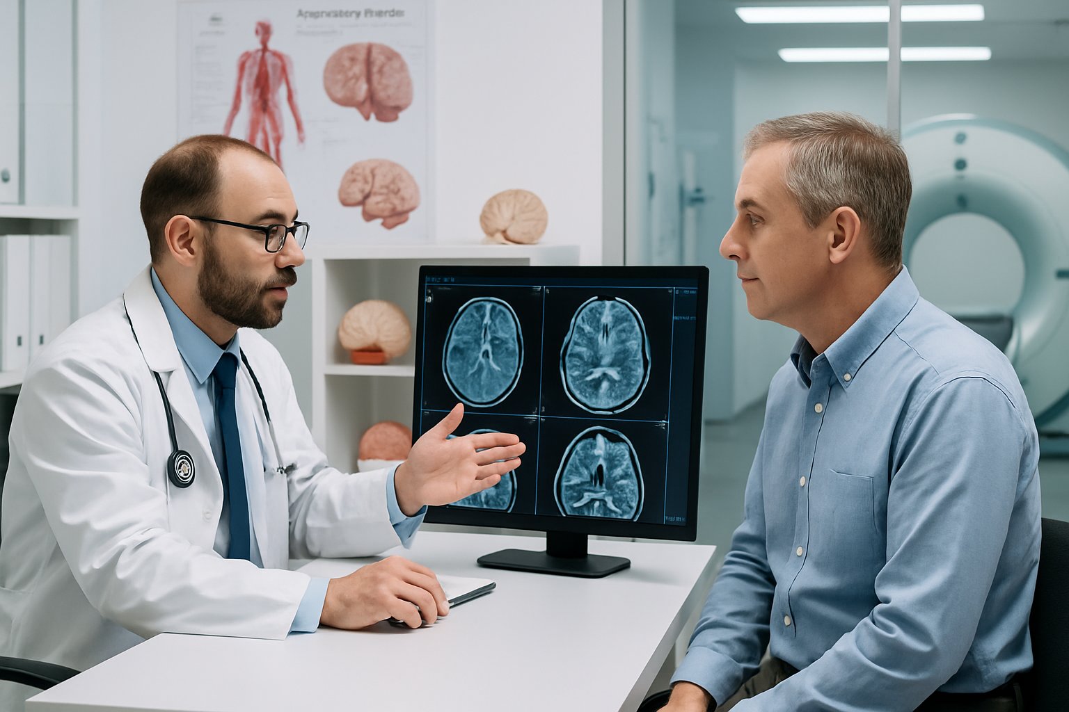 v2-12q5yb-ez9nm - Preventive Medicine Daily A neurologist discusses brain scan results with a patient in a modern medical clinic equipped with diagnostic tools and brain models.