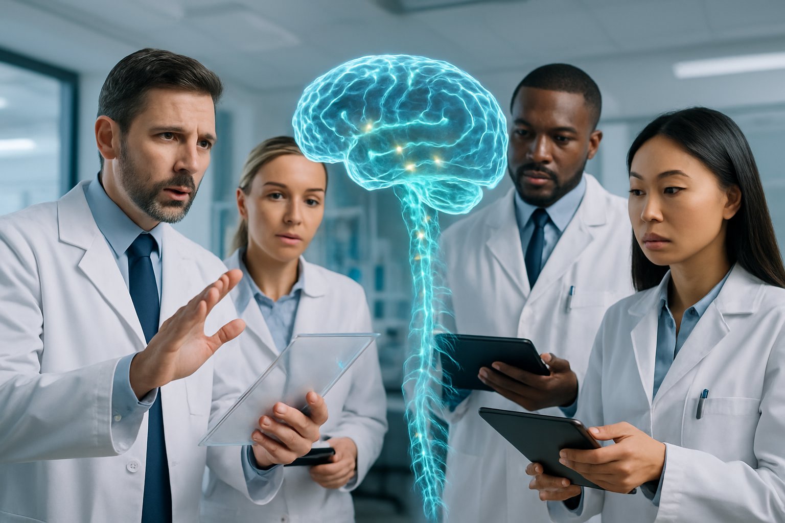 v2-12q5z6-xqo4f - Preventive Medicine Daily Medical professionals examining a holographic model of the human brain and spinal cord in a modern laboratory.