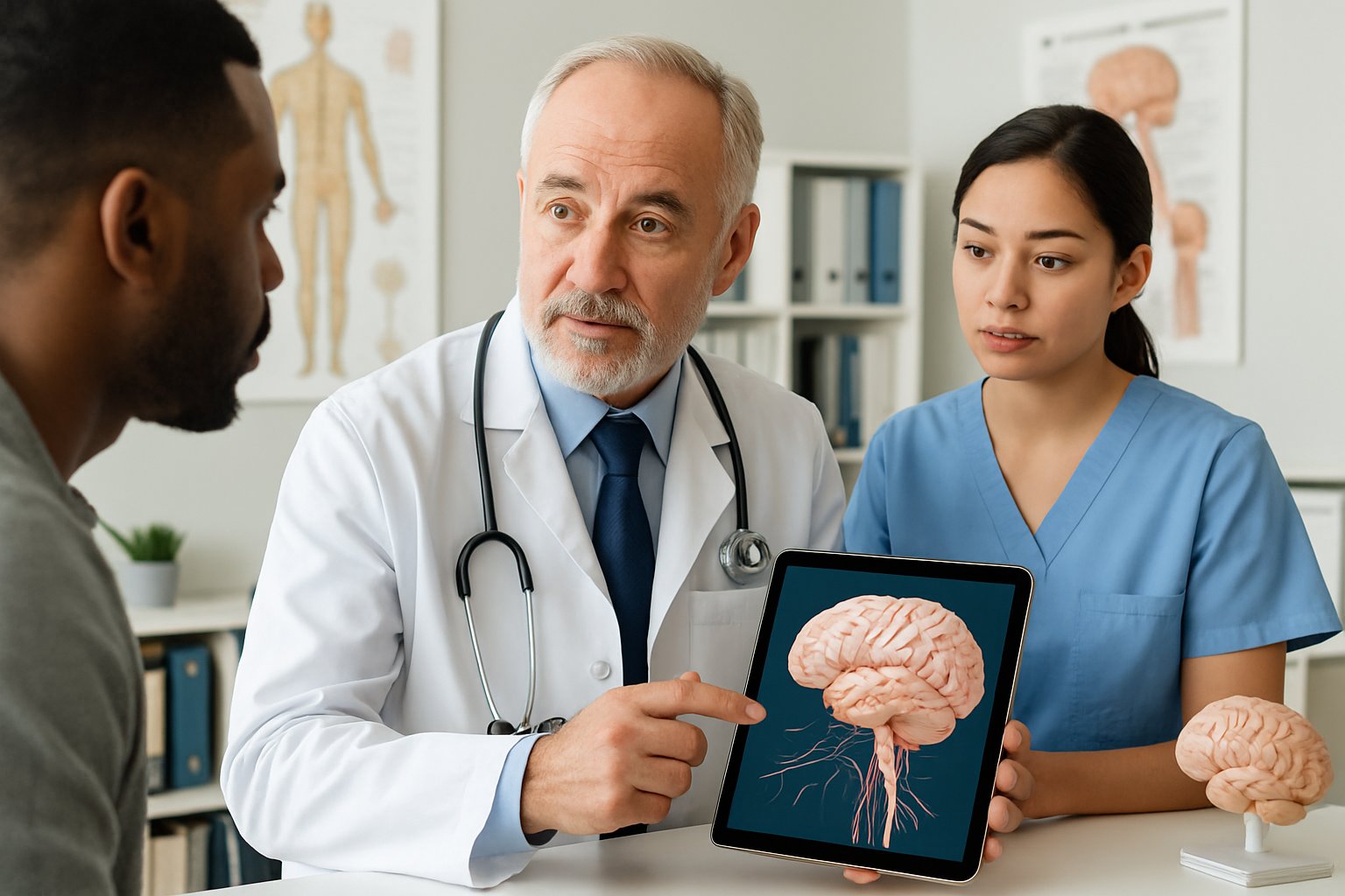 v2-12q5zv-740pq - Preventive Medicine Daily Healthcare professionals discussing brain anatomy and nervous system health in a medical office.