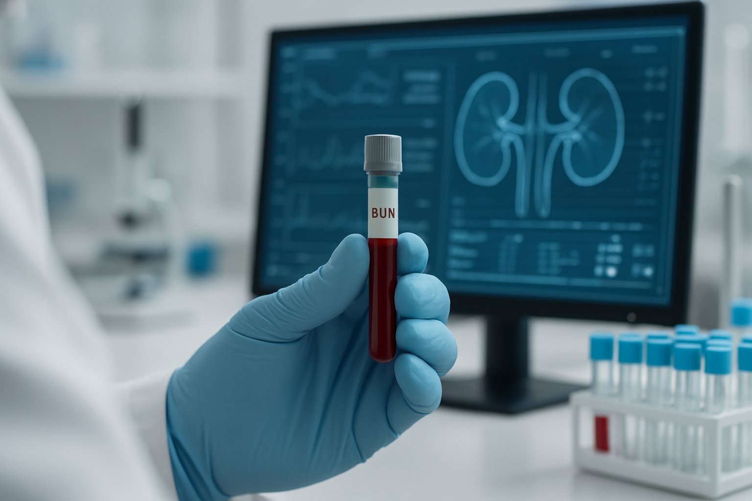 v2-12rsgg-vvqev - Preventive Medicine Daily Lab technician handling a blood sample vial in a medical laboratory with test tubes and a digital monitor in the background.