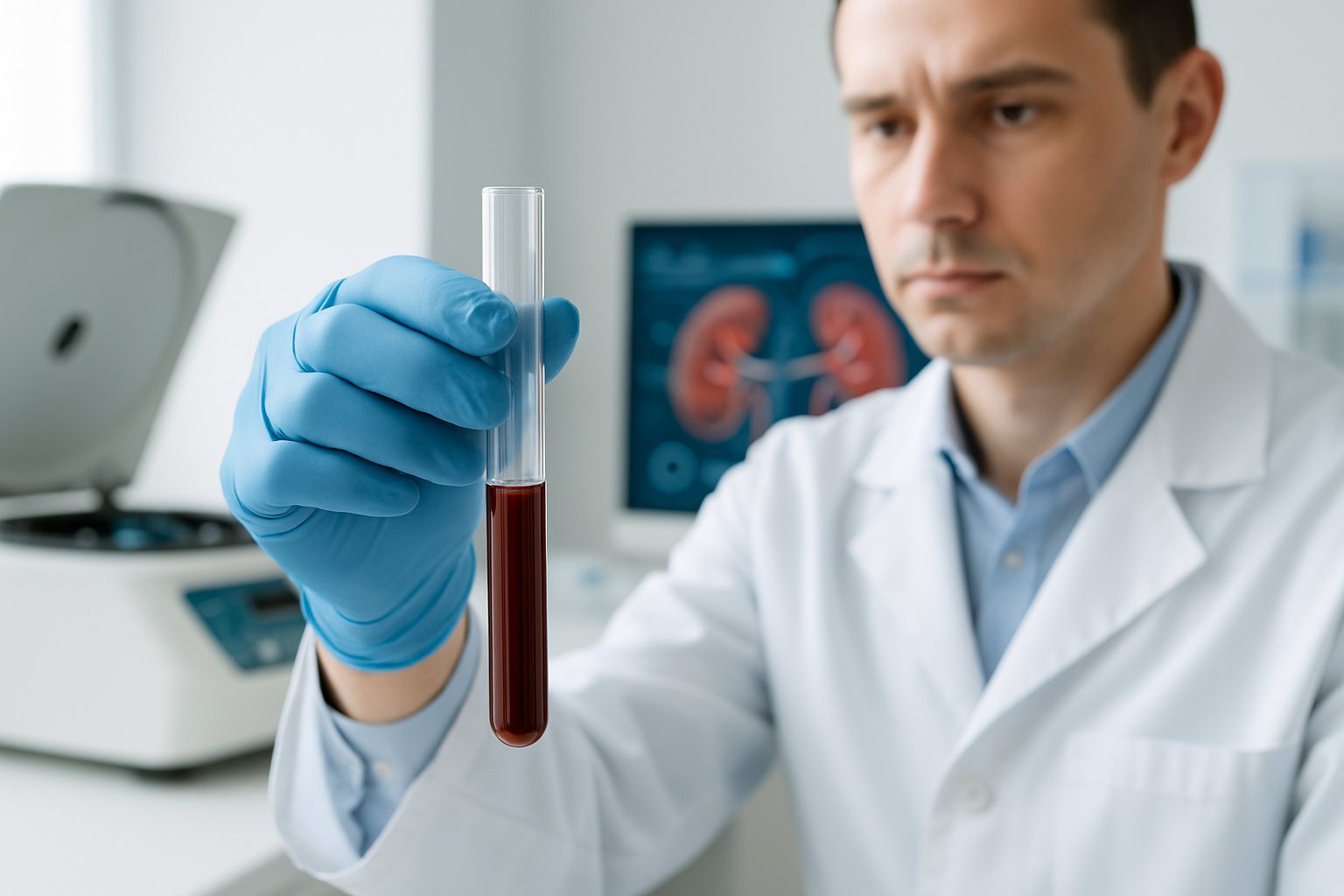 v2-12rsh8-qbj58 - Preventive Medicine Daily A healthcare professional holding a blood sample in a laboratory with medical equipment in the background.
