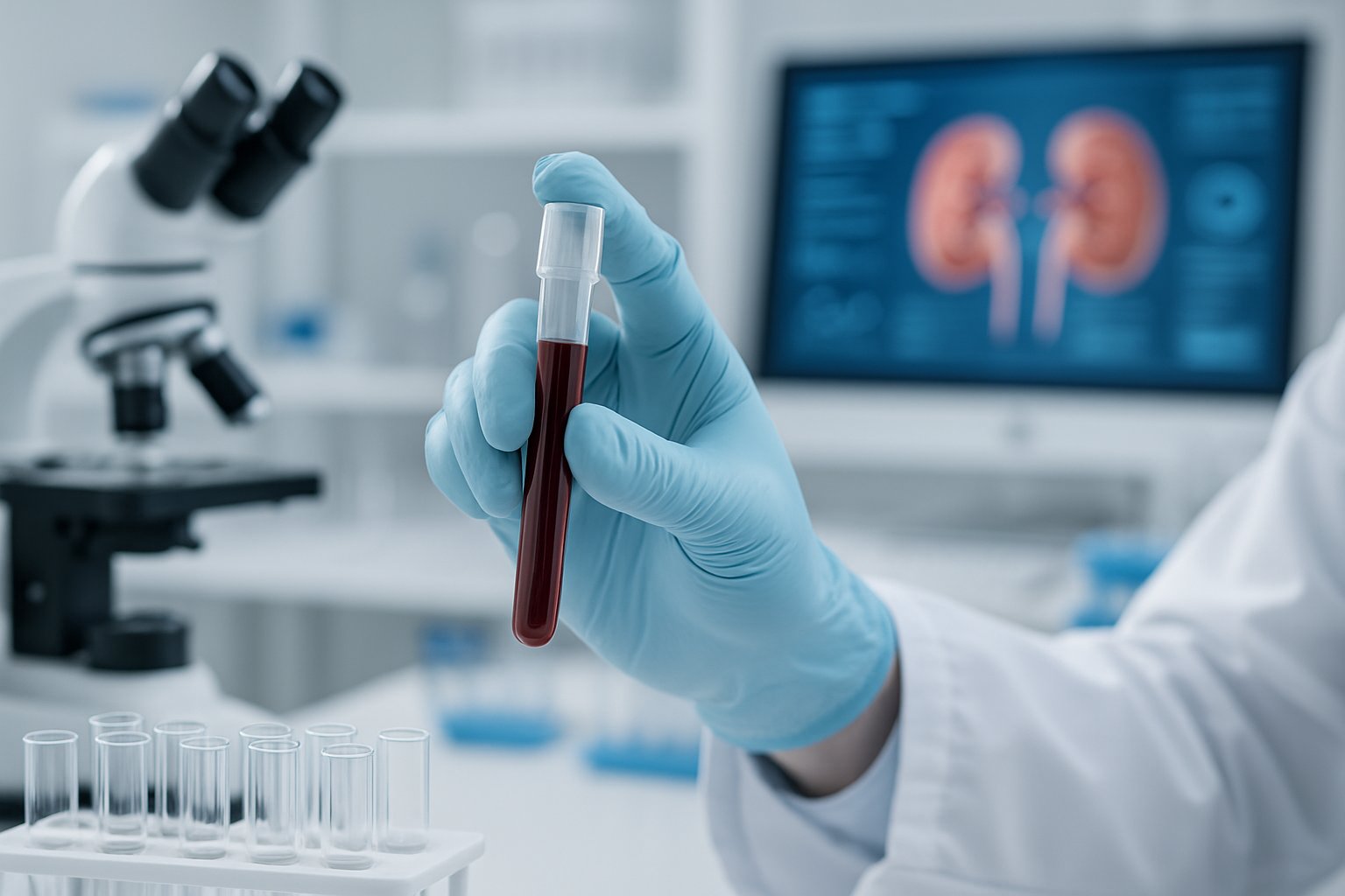v2-12rsi4-vhjx4 - Preventive Medicine Daily A healthcare professional holding a blood test tube in a medical laboratory with kidney-related equipment in the background.
