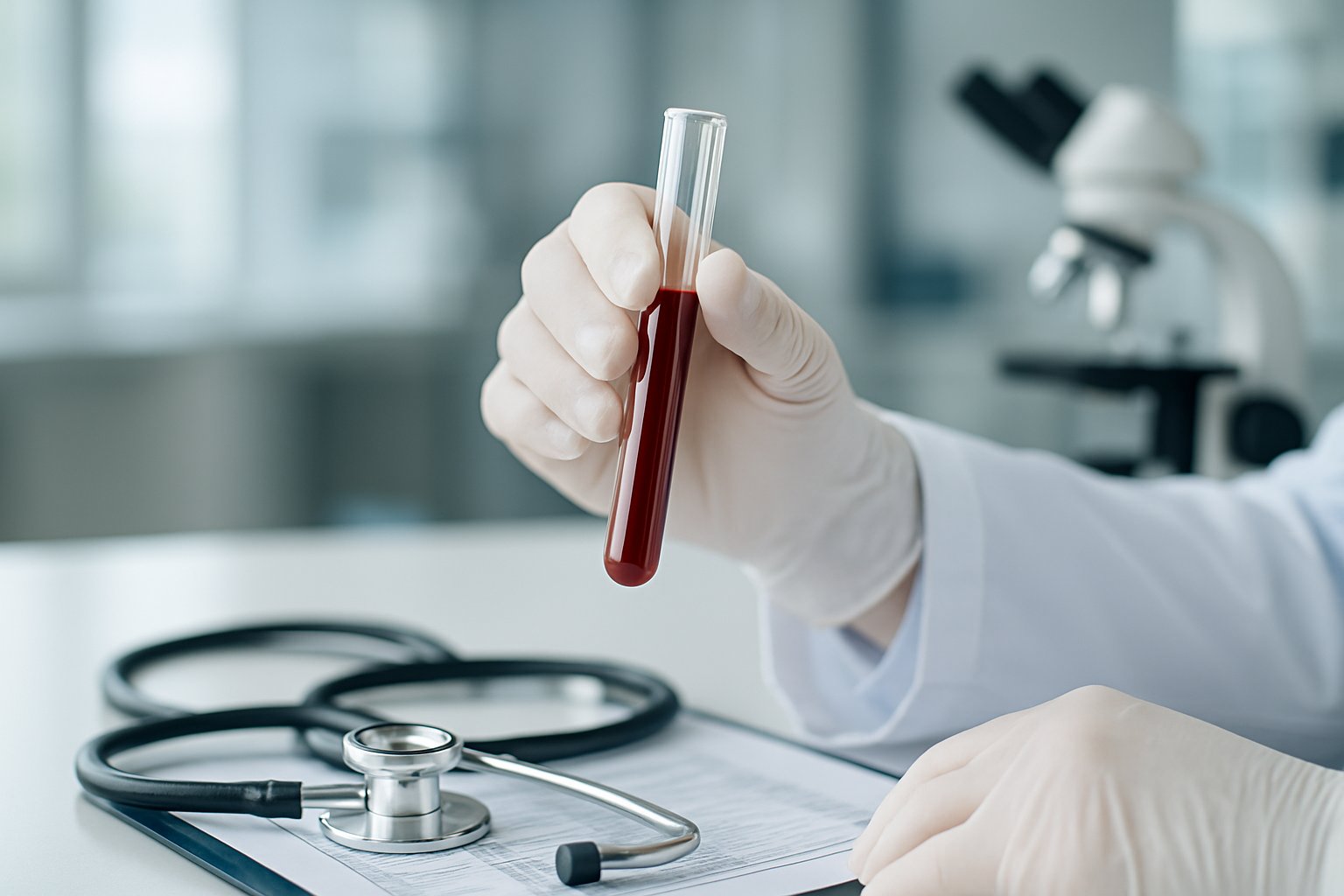 v2-12rsiz-rqipe - Preventive Medicine Daily Close-up of a healthcare professional holding a blood test tube in a modern medical laboratory with medical instruments in the background.