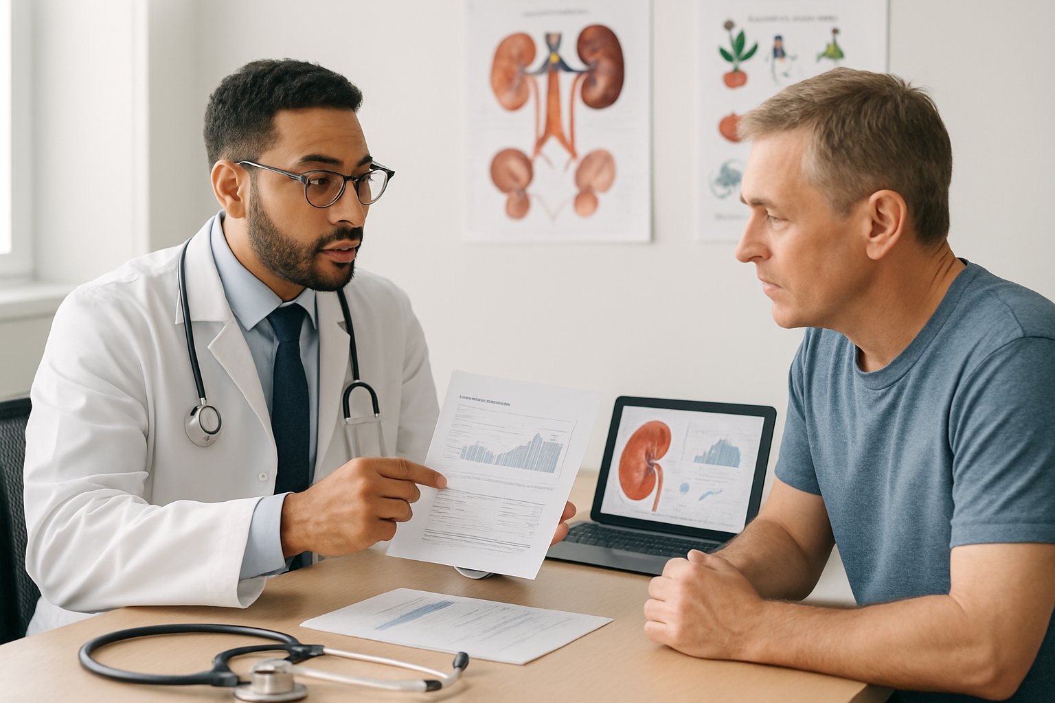 v2-12rsm2-uvjcr - Preventive Medicine Daily A doctor and patient discussing medical test results in a bright clinic office with medical charts and kidney health visuals on the desk.