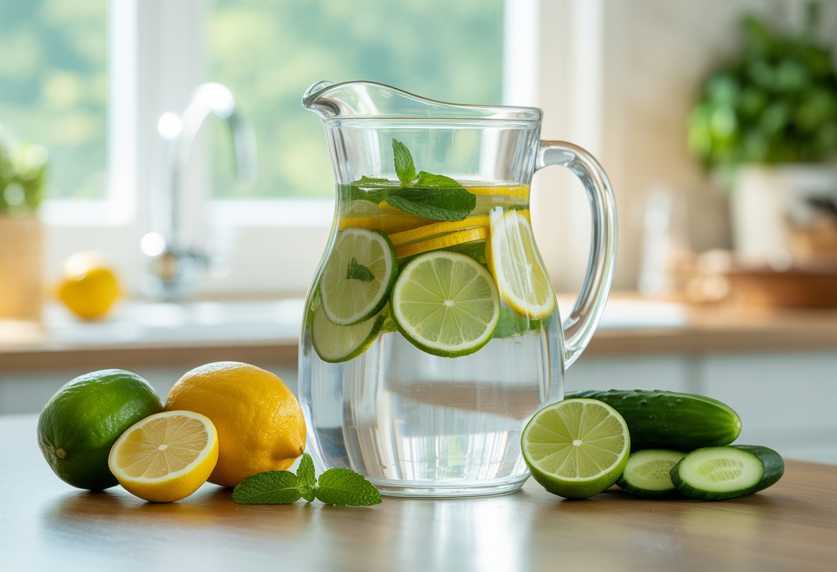 v2-12sslc-nca2a - Preventive Medicine Daily A glass pitcher of water infused with lemon, lime, cucumber, and mint on a wooden table with fresh ingredients around it in a bright kitchen.