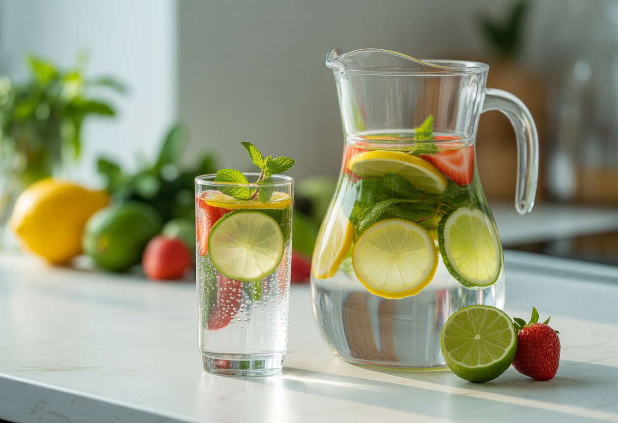 v2-12sslx-9u625 - Preventive Medicine Daily A clear glass pitcher and a glass filled with water infused with lemon, lime, cucumber, strawberries, and mint on a white countertop with fresh fruits and herbs in the background.