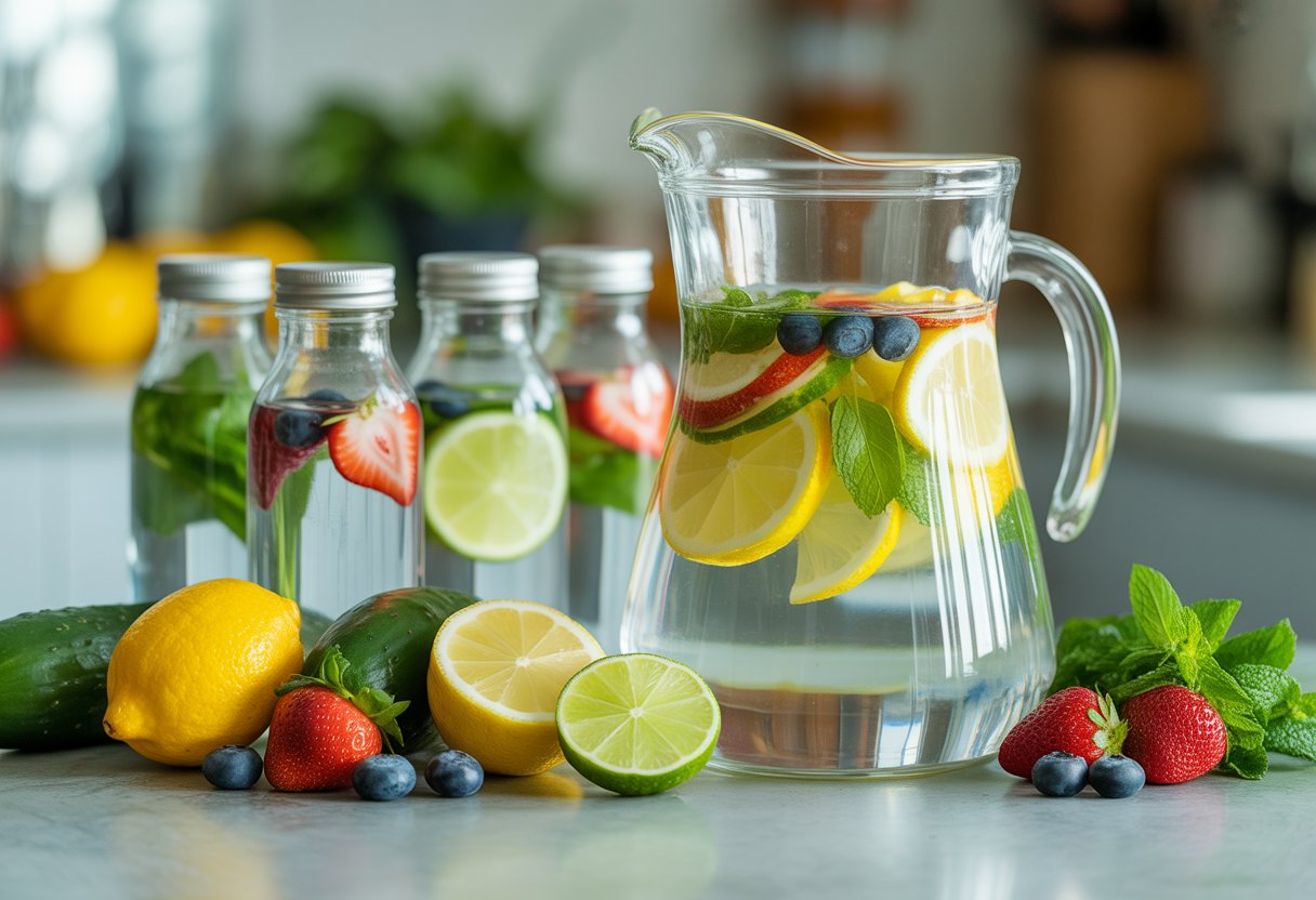 how to make loaded water - Preventive Medicine Daily Clear glass pitcher and bottles filled with water infused with lemon, lime, cucumber, strawberries, blueberries, and mint on a kitchen countertop with fresh fruits and herbs nearby.