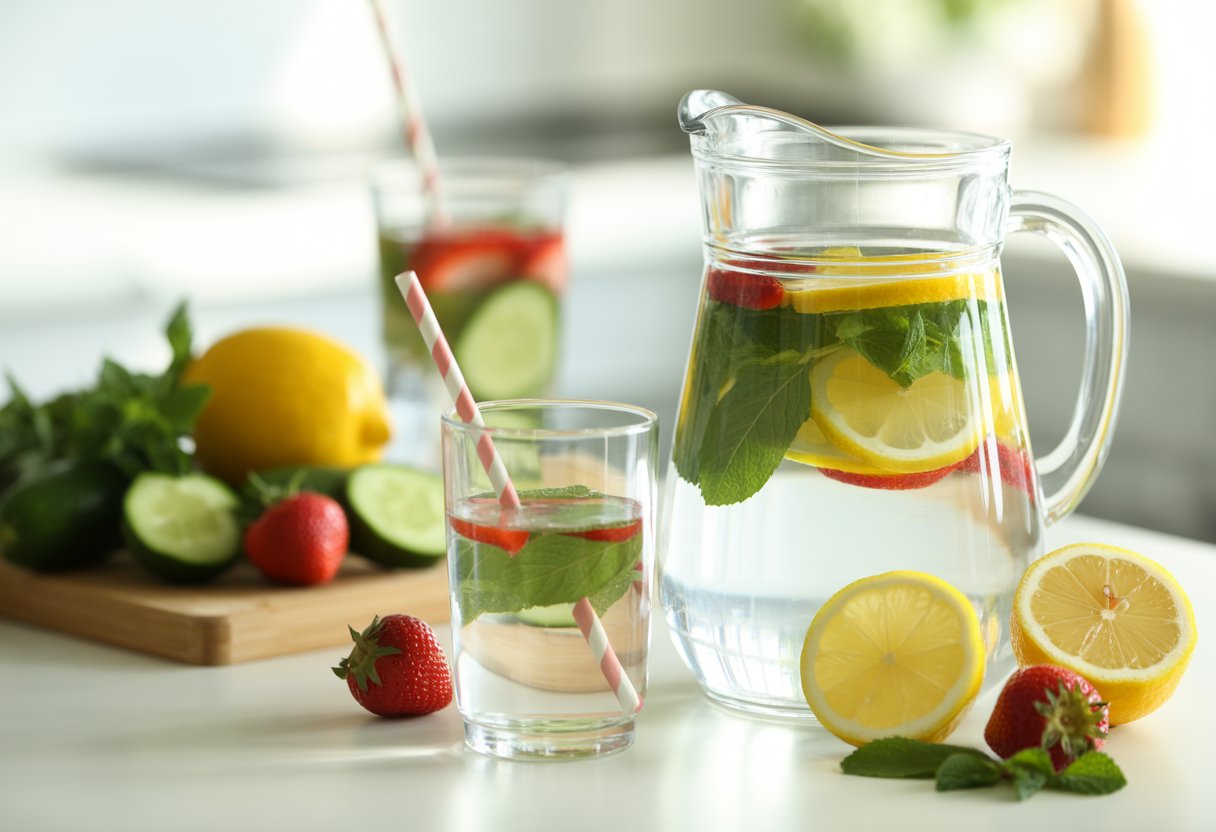 v2-12ssnd-8sojm - Preventive Medicine Daily A glass pitcher and glass filled with water infused with lemon, cucumber, strawberries, and mint on a kitchen counter with fresh fruits and herbs nearby.