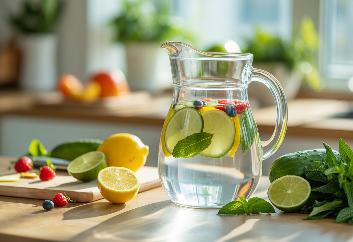 v2-12sso5-mwz69 - Preventive Medicine Daily A glass pitcher of water infused with lemon, lime, cucumber, mint, and berries on a kitchen countertop with fresh ingredients nearby.
