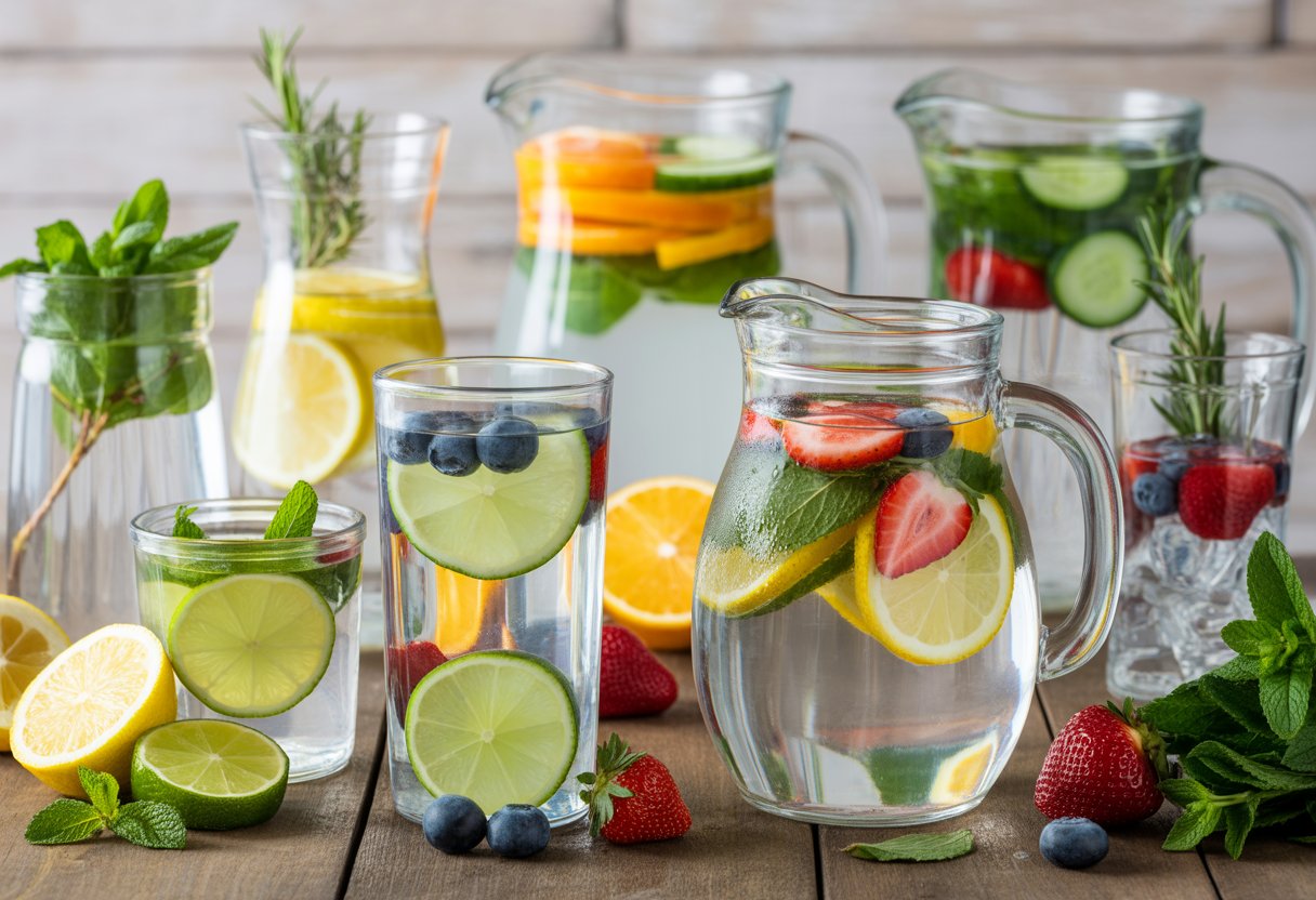 v2-12ssp4-2elhp - Preventive Medicine Daily Clear glass pitchers and jars filled with water infused with fresh fruits and herbs on a wooden table.