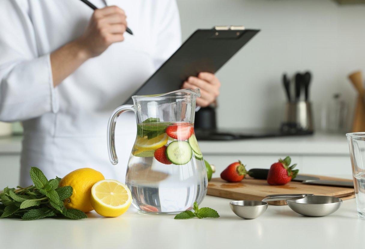 v2-12sspp-w7a8d - Preventive Medicine Daily A kitchen countertop with a glass pitcher of water infused with fruit slices and herbs, a cutting board with ingredients, and a person in a lab coat reviewing notes.