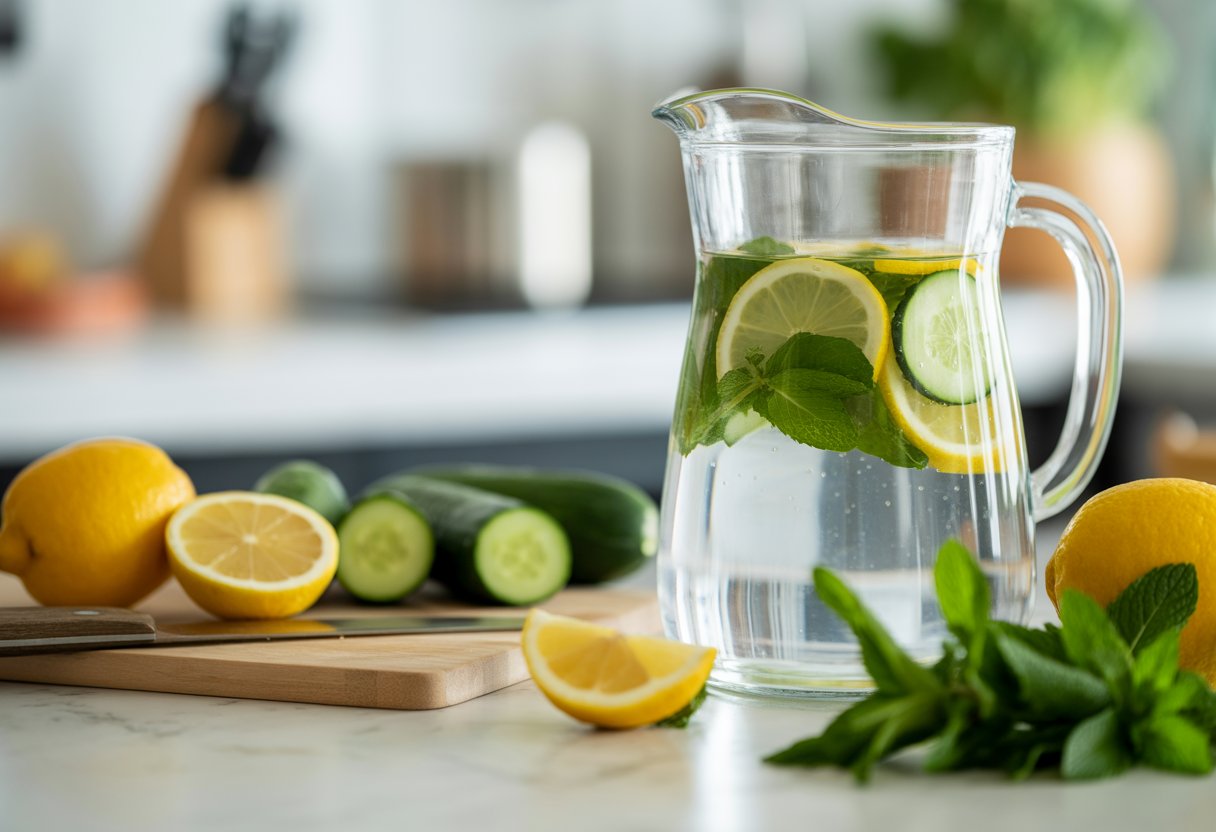 v2-12ssqd-ttfpp - Preventive Medicine Daily A glass pitcher of water infused with lemon, cucumber, and mint on a kitchen countertop surrounded by fresh ingredients and a cutting board.