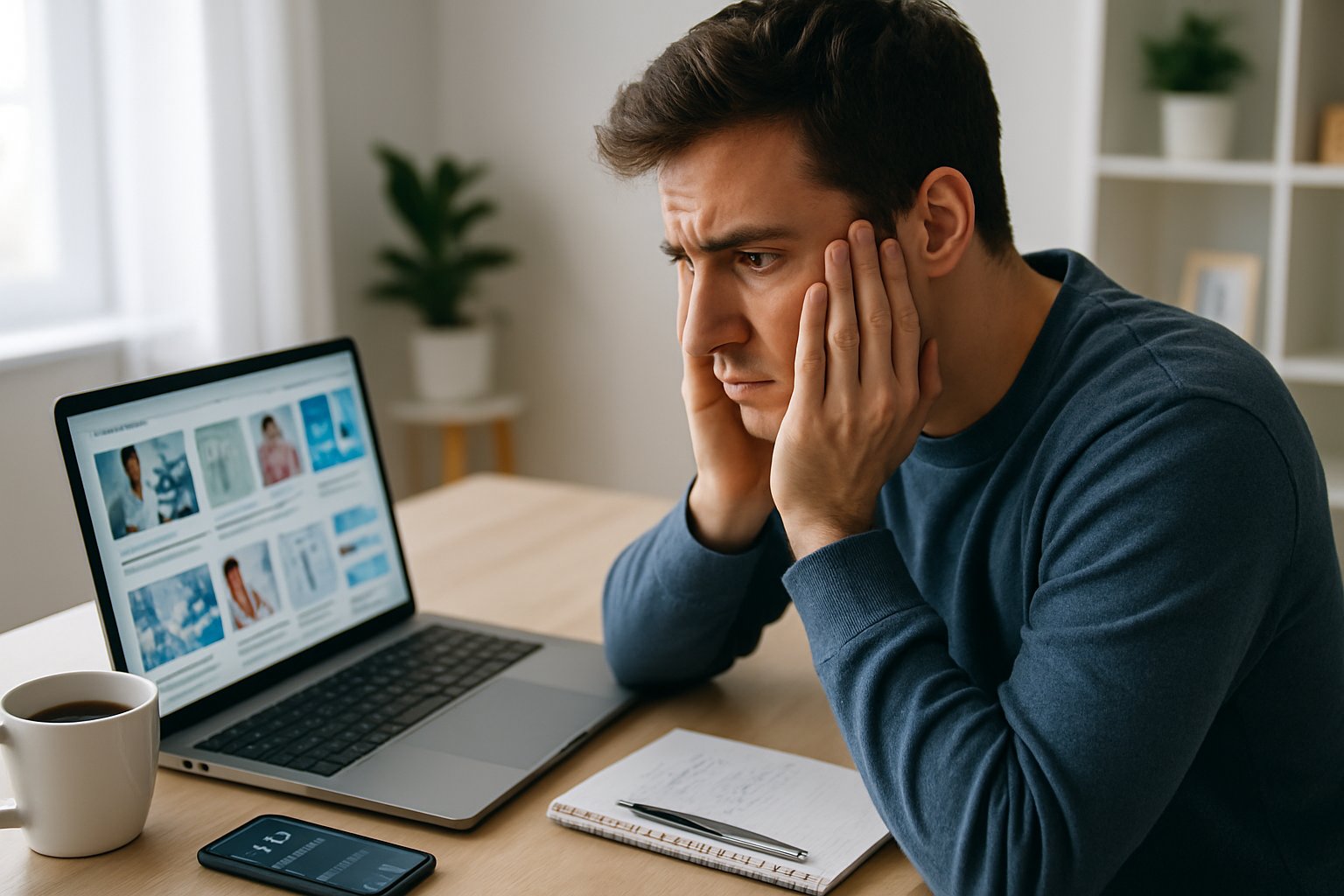 v2-12tics-63w4i - Preventive Medicine Daily A young adult sitting at a desk looking worried while using a laptop in a bright home office.