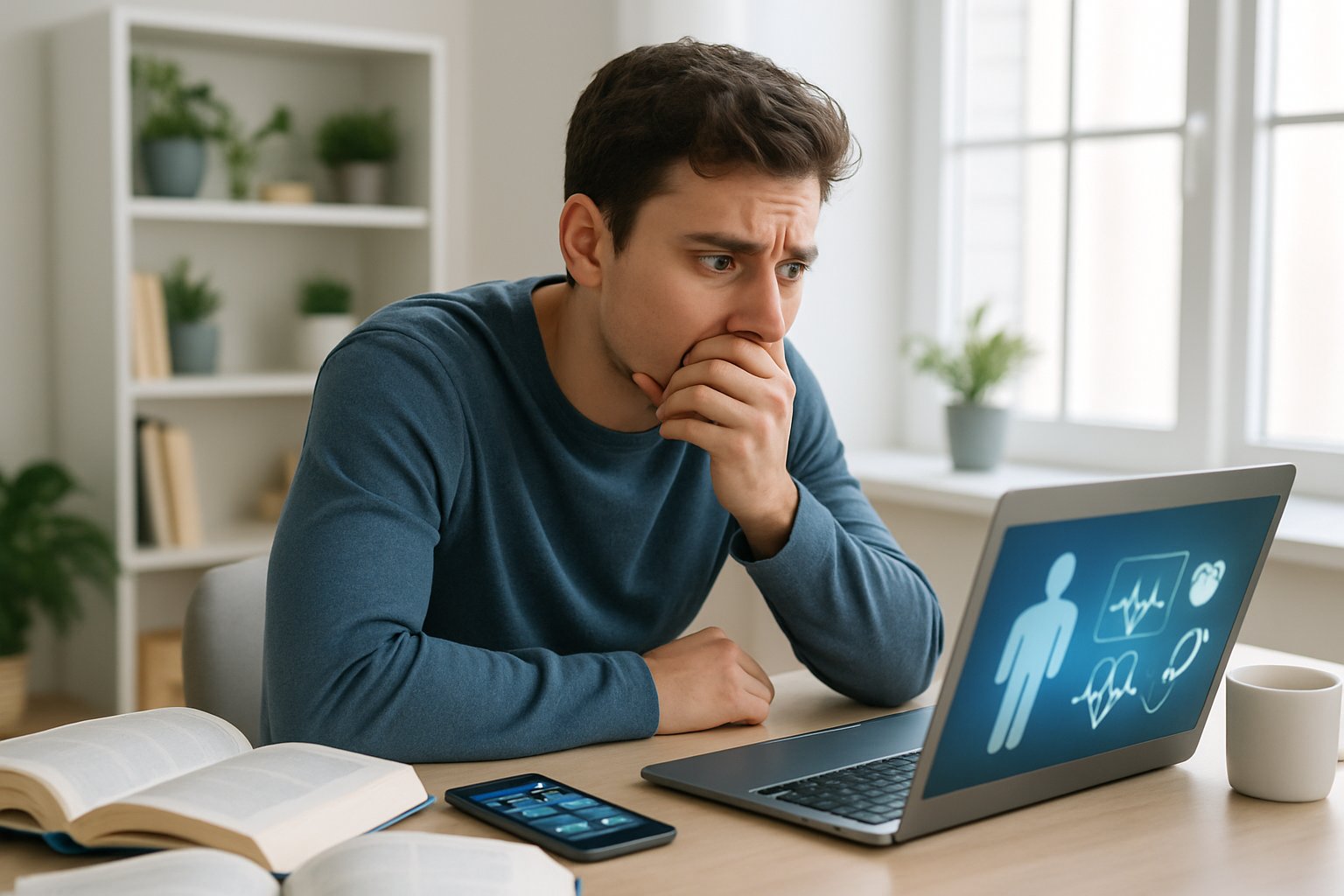 v2-12tidb-djoki - Preventive Medicine Daily A worried young adult sitting at a desk looking anxiously at a laptop in a bright home office with medical books and a smartphone nearby.