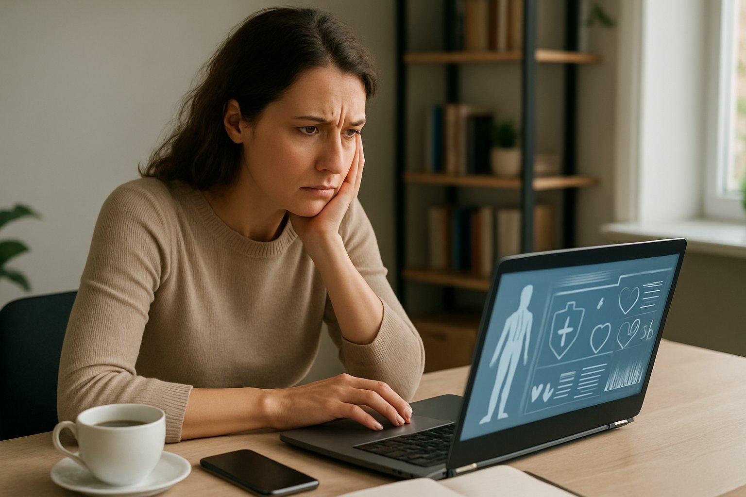 v2-12tie1-y0rt5 - Preventive Medicine Daily A worried woman sitting at a desk looking at a laptop in a home office.