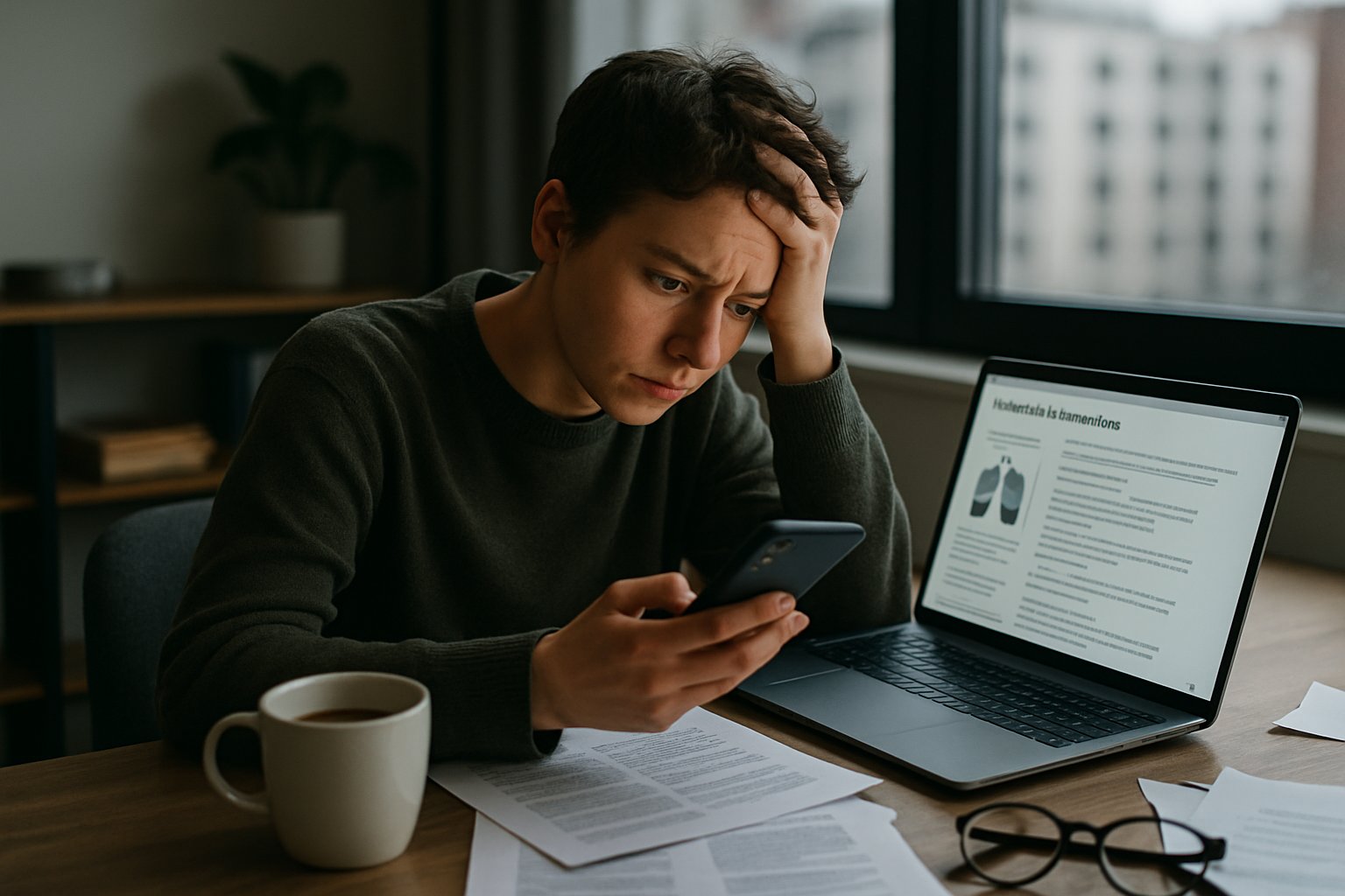 v2-12tifs-9gu3d - Preventive Medicine Daily A worried young adult sitting at a desk with a smartphone and laptop showing medical information, looking stressed and overwhelmed.