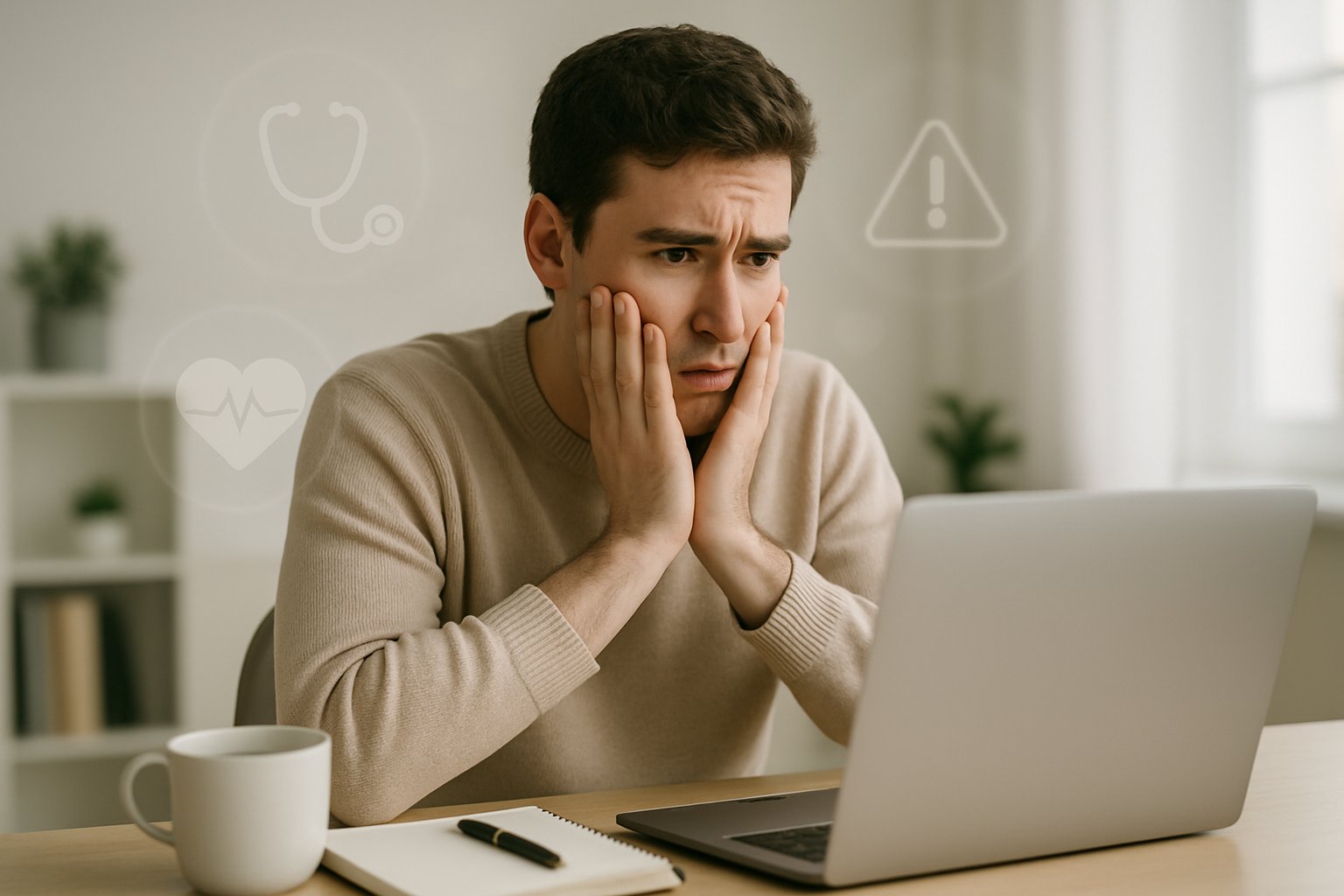 cyberchondria - Preventive Medicine Daily A worried young adult sitting at a desk looking anxiously at a laptop in a bright home office.