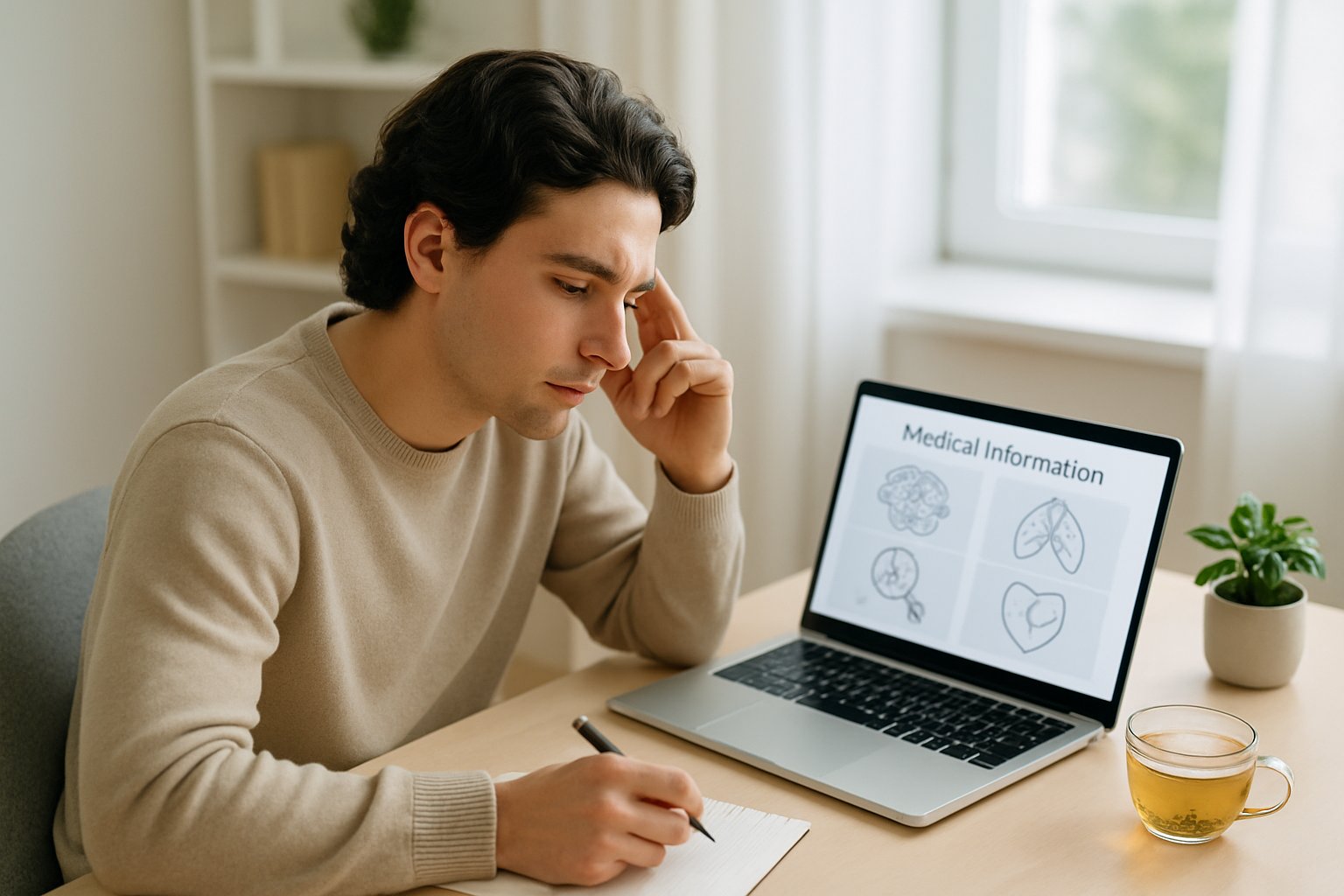 v2-12tih2-5v3hk - Preventive Medicine Daily A young adult sitting at a desk looking thoughtfully at a laptop with medical information, surrounded by a notepad, pen, plant, and a cup of tea in a bright home office.