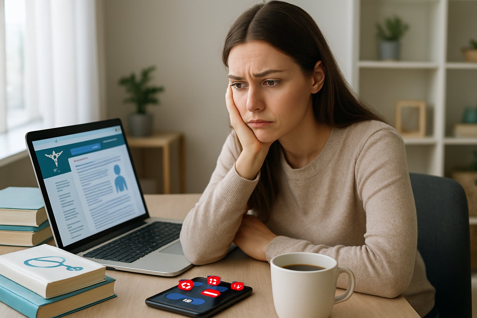 v2-12tihr-raucp - Preventive Medicine Daily A young woman sitting at a desk looking worried while using a laptop in a bright home office.