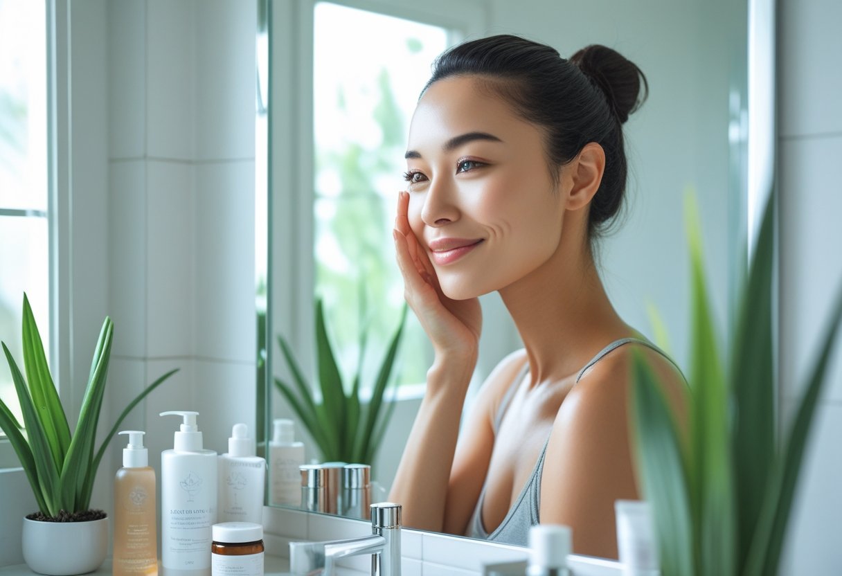 how to lose face fat - Preventive Medicine Daily A young woman touching her cheek while looking into a bathroom mirror surrounded by skincare products.