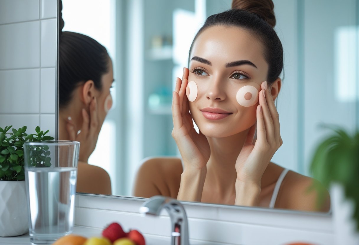 v2-12tl0t-x9jht - Preventive Medicine Daily A young woman gently touching her cheeks while looking into a bathroom mirror with health-related items on the countertop.