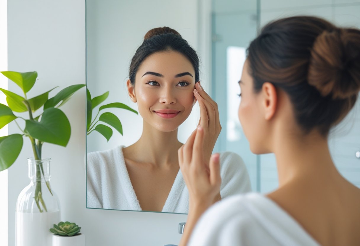 v2-12tl1d-uab9r - Preventive Medicine Daily A young woman gently touching her face while looking into a mirror in a bright bathroom.