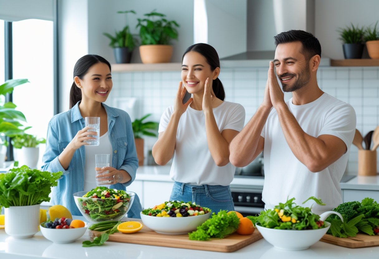v2-12tl1s-7ynsd - Preventive Medicine Daily Three adults in a bright kitchen preparing healthy food and doing facial exercises to promote wellness.