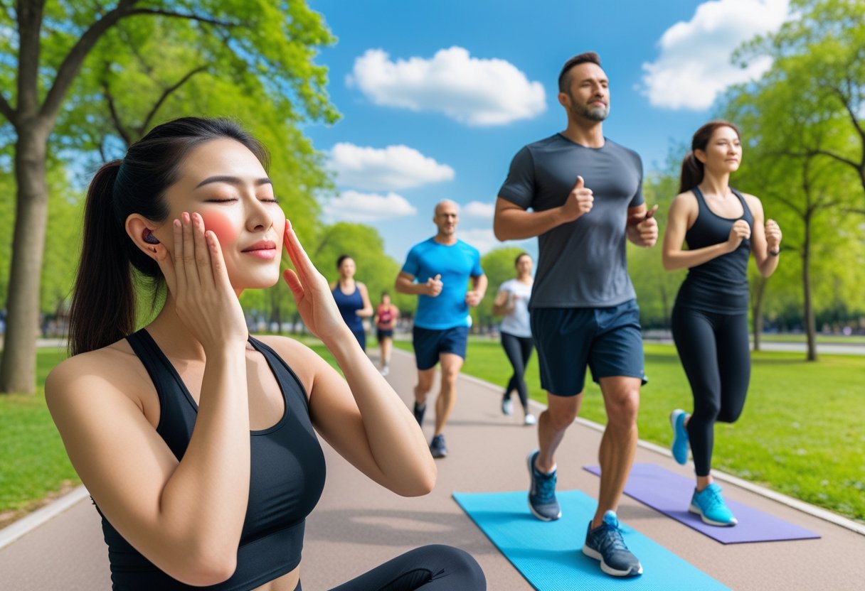 v2-12tl2w-kq9sp - Preventive Medicine Daily People exercising outdoors in a park, including a woman doing facial exercises, a man jogging, and another woman stretching on a yoga mat.
