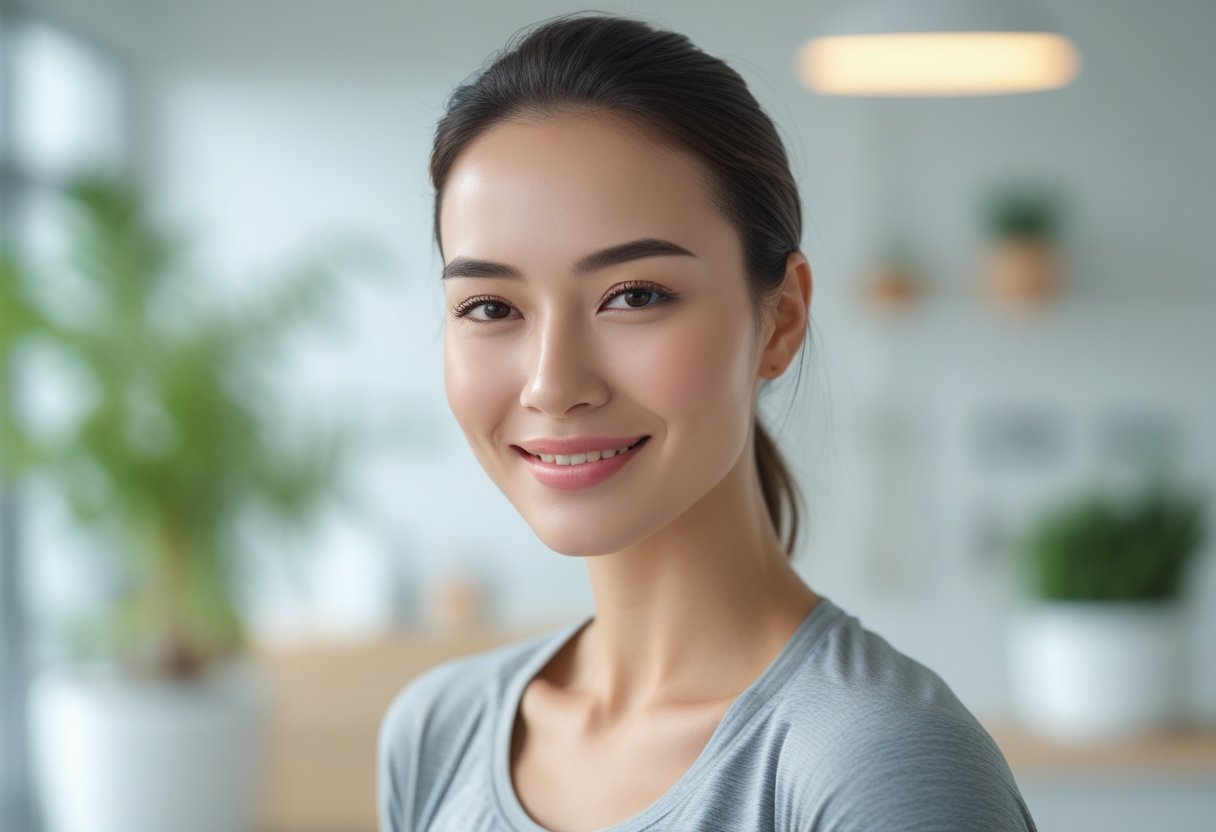 v2-12tl3f-lg5em - Preventive Medicine Daily A smiling young woman with a slim, well-defined face in a bright indoor setting with plants in the background.