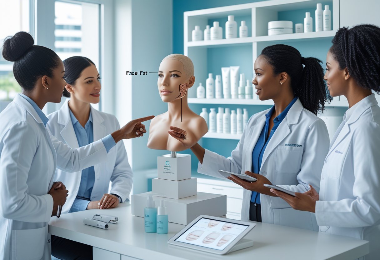 v2-12tl3v-ngdud - Preventive Medicine Daily Medical professionals in a clinic discussing facial anatomy and treatments to reduce face fat using models and digital diagrams.