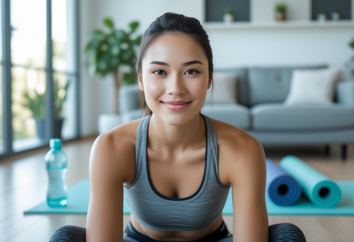v2-12tl4c-bzfkd - Preventive Medicine Daily A young woman smiling in a bright living room with a plant and yoga mat nearby, suggesting a healthy lifestyle.