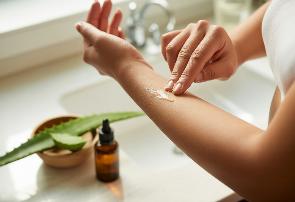 v2-12tm5c-3pn67 - Preventive Medicine Daily Hands applying natural cream to a small rough patch on a person's forearm in a bright bathroom setting.
