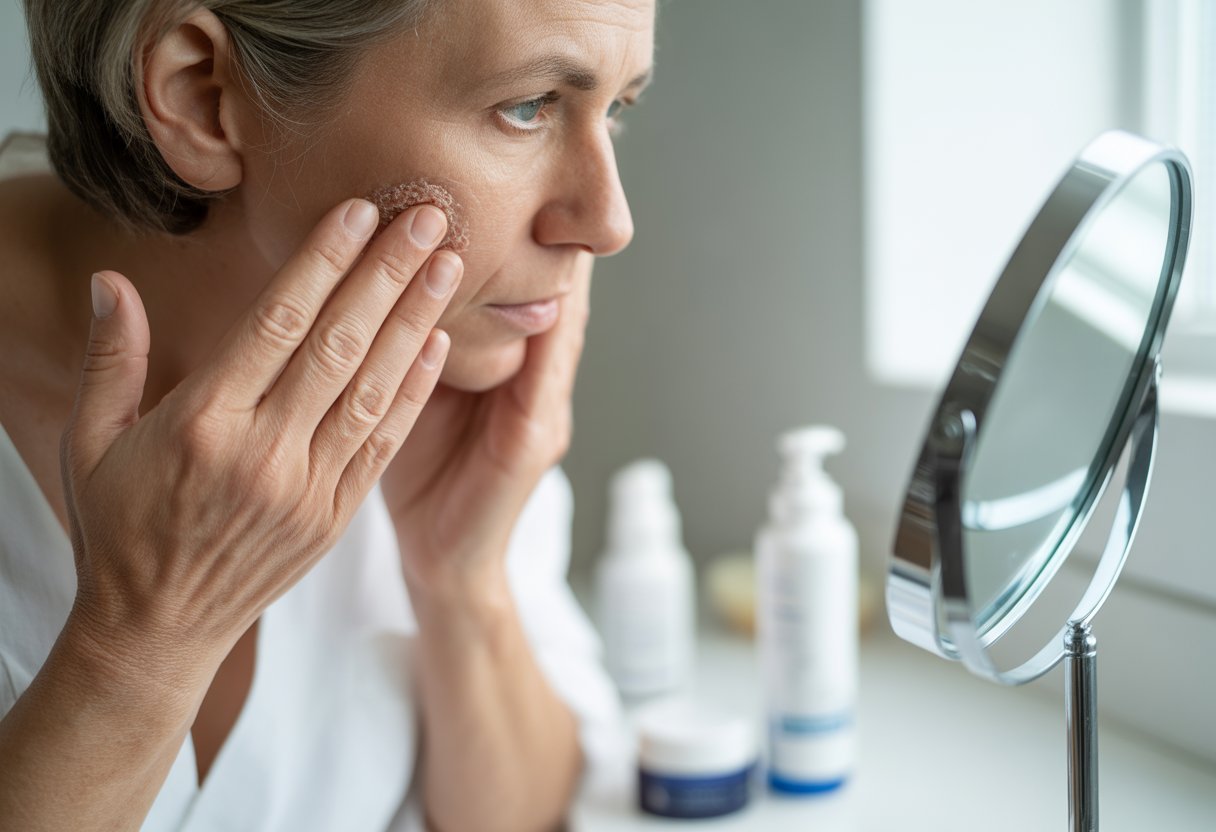 v2-12tm5t-0prrq - Preventive Medicine Daily A person closely examining a rough patch of skin on their cheek in a bright home bathroom with skincare products nearby.