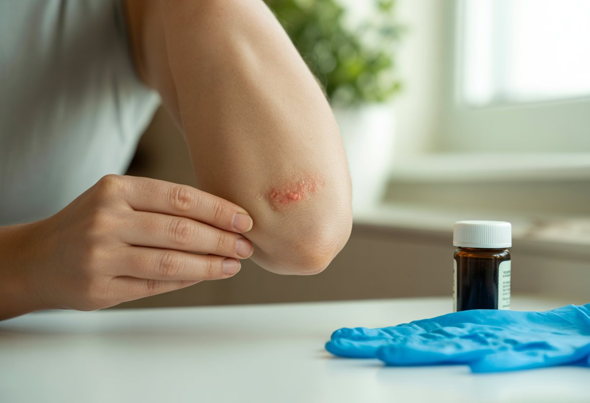 v2-12tm6g-7ccw3 - Preventive Medicine Daily A person examining a rough patch of skin on their forearm with a bottle of cream and gloves nearby on a white surface.