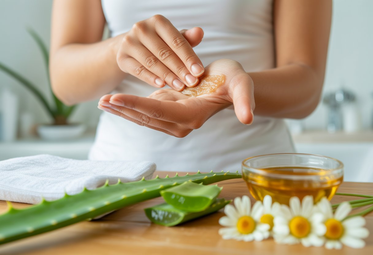 how to remove actinic keratosis - Preventive Medicine Daily A person applying natural cream to rough skin on their forearm with fresh aloe vera and natural remedy ingredients nearby on a wooden surface.
