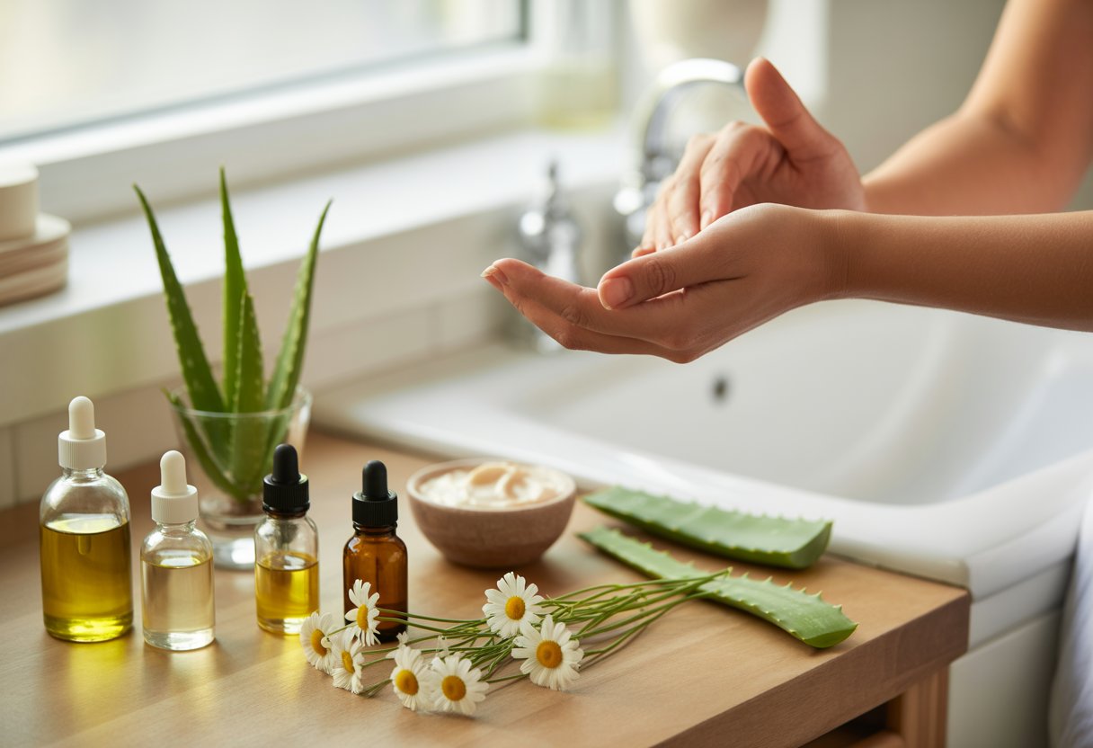 v2-12tm7v-8pz3n - Preventive Medicine Daily A person applying natural oil to their forearm with bottles of oils, aloe vera, and chamomile flowers on a wooden countertop in a bright bathroom.