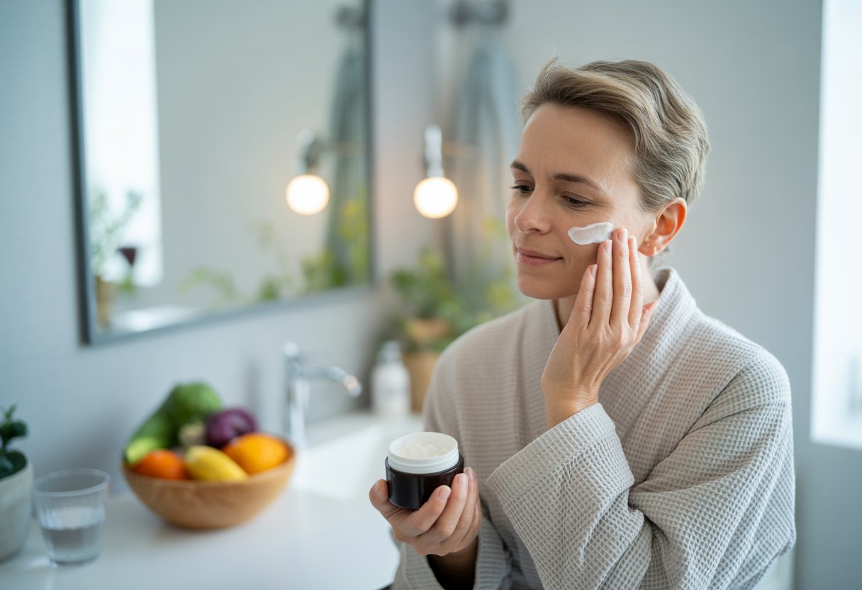 v2-12tm8d-tn33h - Preventive Medicine Daily A middle-aged person applying skincare cream to their face in a bright bathroom with fresh fruits and a plant nearby.
