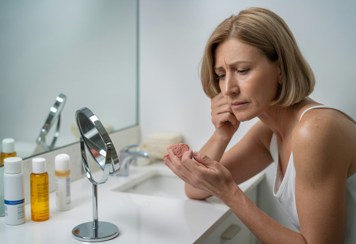 v2-12tm92-3sy36 - Preventive Medicine Daily A middle-aged woman examining a rough patch of skin on her face while sitting at a bathroom counter with skincare products nearby.