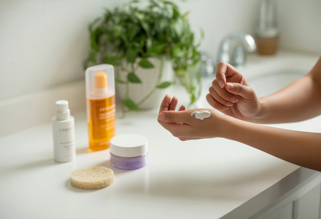 v2-12tm9m-qqmhs - Preventive Medicine Daily A person applying cream to their hand in a bright bathroom with skincare products on the counter and a green plant in the background.